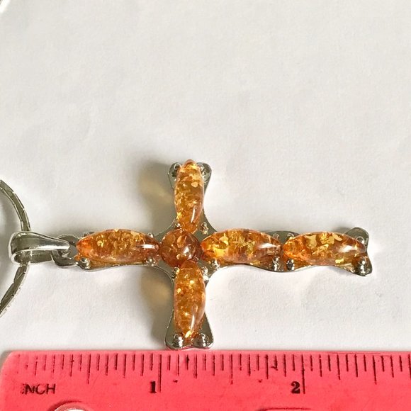 Vintage Honey Amber Cross Pendant Necklace Silver Plated Simulated Acrylic 24" - Picture 10 of 11